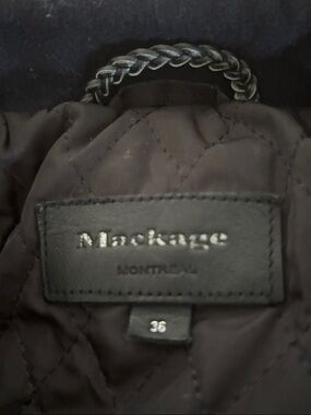 Mackage Navy Wool Double Button Jacket with Brown Leather Sleeves